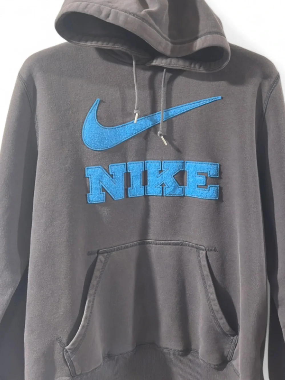 Y2K Nike Blue Swoosh & Logo Appliqué Grey Hoodie Sweatshirt Size Men’s Large